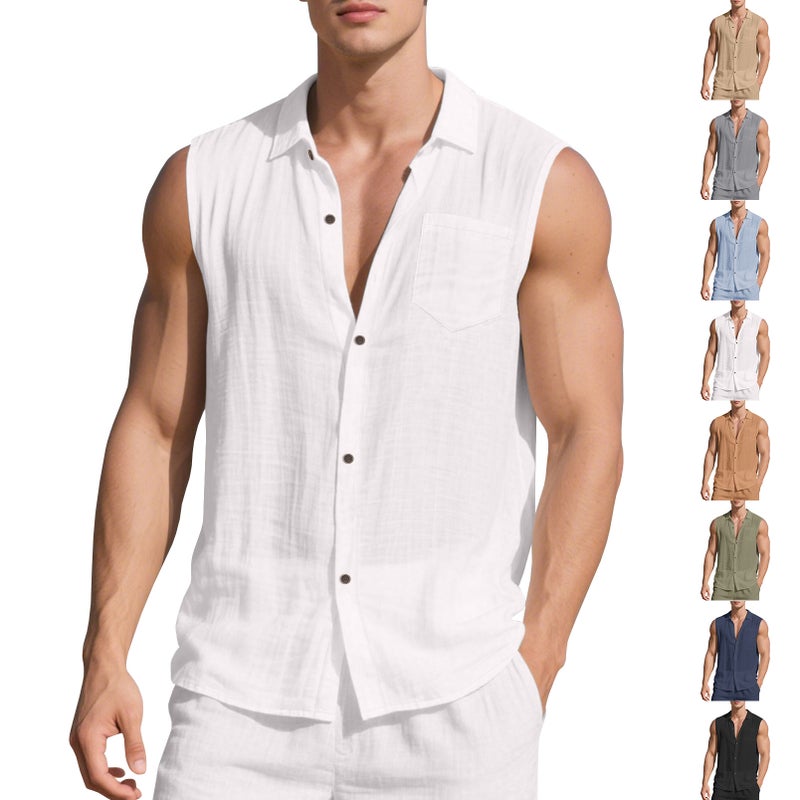 Men'S New Summer Products New Loose Linen Simple Casual Sleeveless Beach Shirt - Image 2